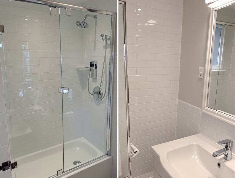 Temizlik sonrası parlak ve lekesiz duşakabinli banyo